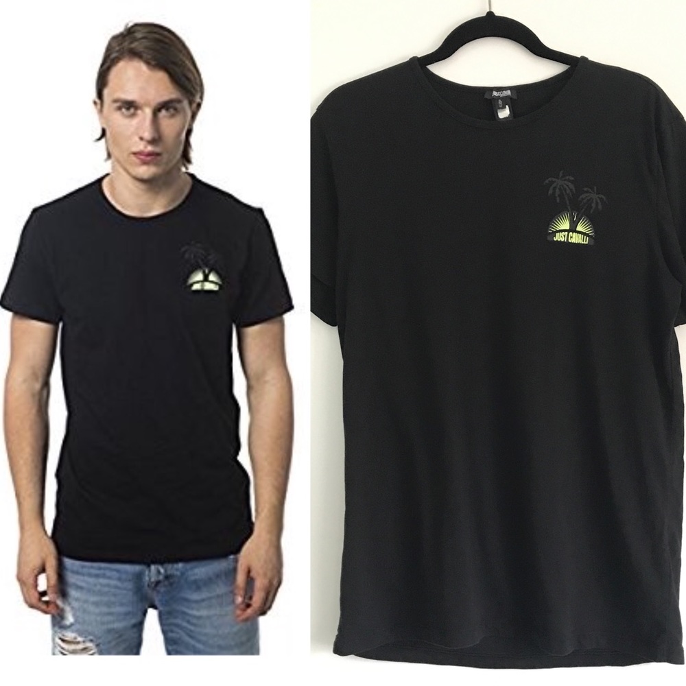 JUST CAVALLI Men’s Black Short Sleeve T-Shirt Palms Black Tee